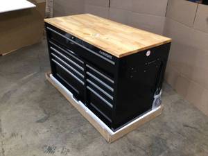 Husky 52 in. W x 25 in. D Standard Duty 9-Drawer Mobile Workbench Tool Chest with Solid Wood Top in Gloss Black - Open Box - Review all pictures