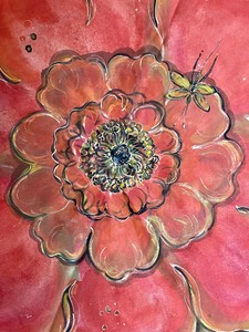 lot 128 image: Colorful Painted Floral Design Canvas by Karla Jones Greene
