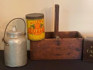 lot 23 image: Primitive Decor Variety including an Alans Steel Cut Coffee Tin