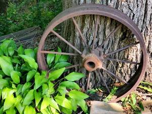 lot 115 image: Vintage Iron Tractor Wheel Yard Decor