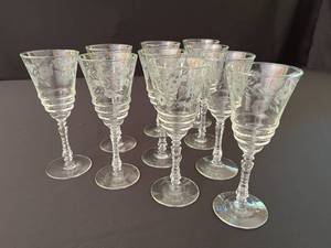 Set of 10 Etched Glass Cocktail Glasses