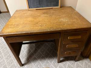 Vintage Wood Desk, Chair & Chalkboard