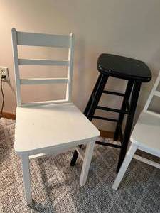2 White Chairs & Black Stool