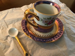 lot 107 image: Vintage KPM Bone China Demitasse Gold Gilt Royal Crown Tea Cup, Saucer, and Spoon.