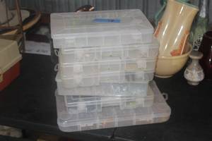 Lot of (7) Plastic Tackle Boxes - Tackle - Hooks, Bobbers