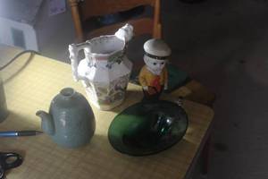 Lot of (4) Vintage Home Dcor - Japanese Figure, (2) Glass Pitchers, Green Glass Candy Jar