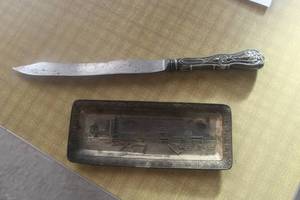 Lot of (2) Vintage Silver Household - Alfred Williams Knife, Serving Tray from Chicago Soldier Field