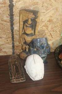 Lot of (3) Vintage Home Dcor - Mask, Asian Religious Figure, Tiki Statue