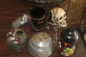 Lot of (7) Home Dcor - Skull, Tricycle, Bus & Car Toys, Music Box, Asian Figure, Mug, Ash Tray