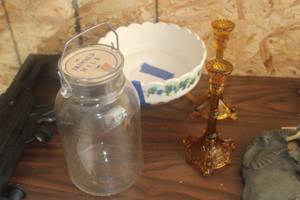 Lot of (4) Vintage Household - (2) Brown Glass Candleholders, Skimmed Milk Jug, 16 Serving Bowl