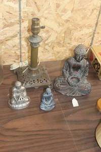Lot of (4) Vintage Home Dcor - (3) Asian Religious Statues, Metal Table Lamp (no shade)