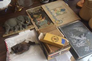 Lot of (8) Vintage Household - Corn Husker, Cigar Box, Red Lens, Elephant Display, (4) Books