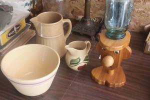 Lot of (4) Vintage Household - Red Wing Saffronware Jug,(2) Pitchers, Custom Wood Candy Jar