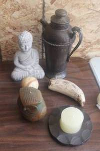 Lot of (6) Vintage Household - DiscYankee Doodle, Pitcher, Monk Statue, Owl Candle, Horn, Candleholder