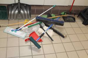 lot 182 image: Misc. Cleaning Supplies - Brooms, Dusters, Dust Pans, Mop Heads