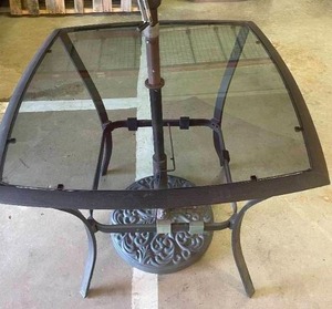 lot 3 image: Square Patio Table with Umbrella and Stand