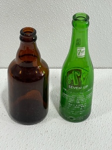 Vintage Green Glass 7up Bottle & Dads Root beer Bottle
