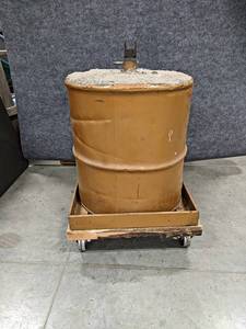 lot 47 image: Airplane Tail Tie Down Weight - Drum Filled w Concrete on Rolling Cart - NO SHIPPING