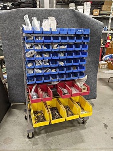 lot 50 image: Rolling Parts Bin Shelf  Contents - Bolt Inventory (Inch), Hardware, Brushes and More - 2 - Sided - 59 x 33 x 31 - NO SHIPPING