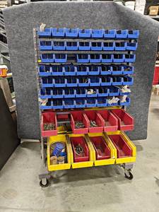 lot 51 image: Rolling Parts Bin Shelf  Contents - Bolt Inventory (Metric), Hardware, Rubber Grommets and More - 2 - Sided - 59 x 33 x 31 - NO SHIPPING