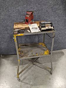 lot 57 image: Columbia 4 Bench Vise, Wet Wheel Electric Grinder, Sharpening Stones - Mounted to Steel Rolling Cart - NO SHIPPING
