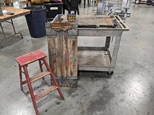 lot 63 image: 2-Tier Poly Cart (40 x 26 x 42 Tall), MATCO Creeper and Stepladder - NO SHIPPING