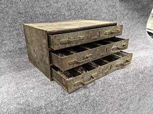 lot 94 image: Steel Parts Cabinet w Inventory of Military Grade Aerospace Solid Rivets - NO SHIPPING