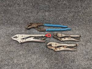 lot 119 image: (2) Vise-Grip Locking Pliers, Milwaukee Locking Pliers and Channel Lock Pliers