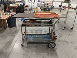 lot 121 image: Steel Rolling Work Station Cart - 57 x 25 x 39 Tall - Includes Magnetic Plate, Pneumatic Filter Assembly and Rubber Gloves - NO SHIPPING