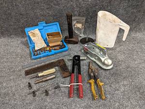 lot 124 image: 1-78 Trailer Hitch, Hammer, Hose Clamps and More