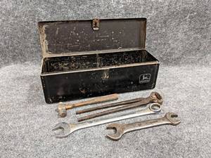 lot 128 image: John Deere Steel Toolbox w Large Wrenches and More - Includes and IH Wrench