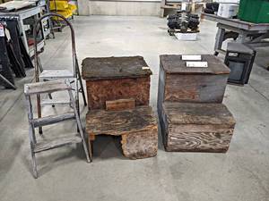 lot 166 image: Pair of Wood Stair Work Platform (24 Tall), Folding Stool and Step Ladder - NO SHIPPING