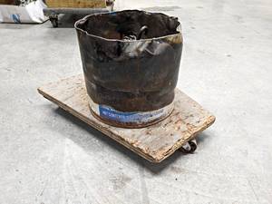 lot 169 image: Airplane Tail Tie Down Weight - Bucket Filled w Concrete on Rolling Cart - NO SHIPPING