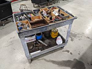 lot 173 image: Rubbermaid Shop Cart w Contents - Wire Wheels and More -  NO SHIPPING
