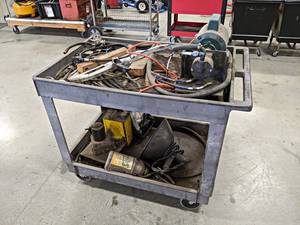 lot 174 image: Rubbermaid Shop Cart w Contents - Pump and More -  NO SHIPPING