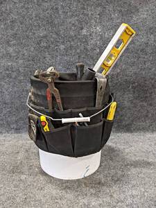 lot 183 image: Bucket Caddy w Tools - Vise Grip, Channel Lock, Level, Square, Hammer and More - NO SHIPPING
