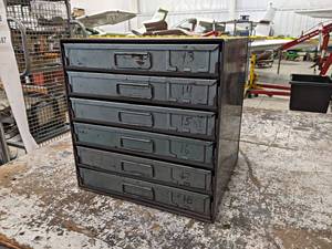 lot 186 image: Steel Parts Cabinet w Inventory of Aluminum Flare Fittings - NO SHIPPING
