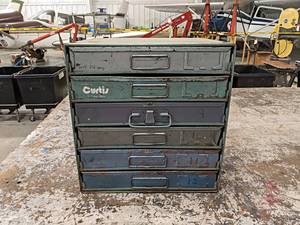 lot 190 image: Steel Parts Cabinet w Inventory of Nuts, Washers, Crimp Electrical Connectors, Poly Pipe Fittings - NO SHIPPING
