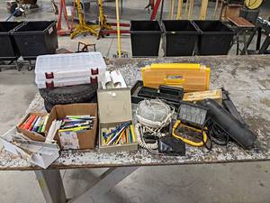 lot 195 image: Lot of Assorted Shop Supplies - Pneumatic tires (4.00-6), Worklights, Parts Containers and More - NO SHIPPING