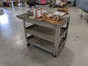 lot 218 image: 3-Tier Poly Cart w Contents - Inventory of Abrasive Discs and More - NO SHIPPING