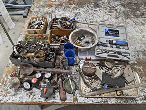 lot 223 image: Large Lot of Assorted Shop Items - Die Grinder Kit, Hardware, Lead Ladle and More - NO SHIPPING