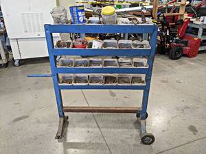 lot 27 image: Portable Rolling Bolt Bin w Contents - Overall about 49 x 40 - Includes 12 and 38 Bolts  Other Hardware - NO SHIPPING
