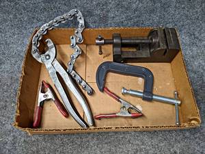 lot 401 image: 2-12 Machinist Vise, C-Clamp, Spring Clamps and K-D Chain Wrench