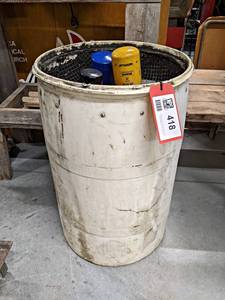 lot 418 image: Oil Draining Barrel - About 13 Full of old Oil - Measures 19 Diameter x 30 Tall - NO SHIPPING