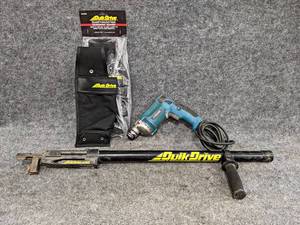 lot 457 image: Makita Electric Drill w QuikDrive PRO Subfloor  Decking Screw Fastening Attachment w Extension  (2) Screw Quivers