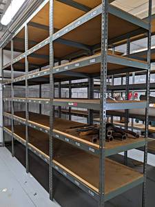 lot 6 image: (4) Sections of Parts Shelving - Overall About 10 Tall x 30 Wide x 170 Long -  Contents NOT Included - Located on Mezzanine