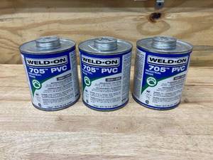 lot 112 image: WELD-ON Lot of 3- Industrial Grade PVC Medium-Bodied High Strength Solvent Cement - Fast-Setting and Low-VOC, Gray (1 quart each)