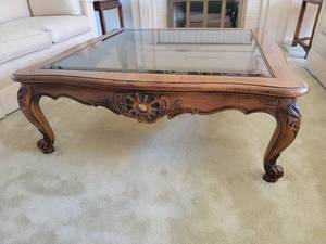 lot 13 image: Magnificent Glass Top Carved Coffee Table