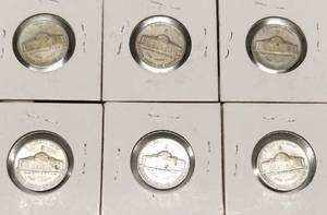 GROUP OF 6 US WWII WARTIME SILVER NICKELS AS PICTURED