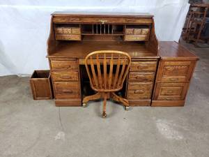 Oak Winners Only Roll Top Desk, Chair, File Cabinet and Trash Bin